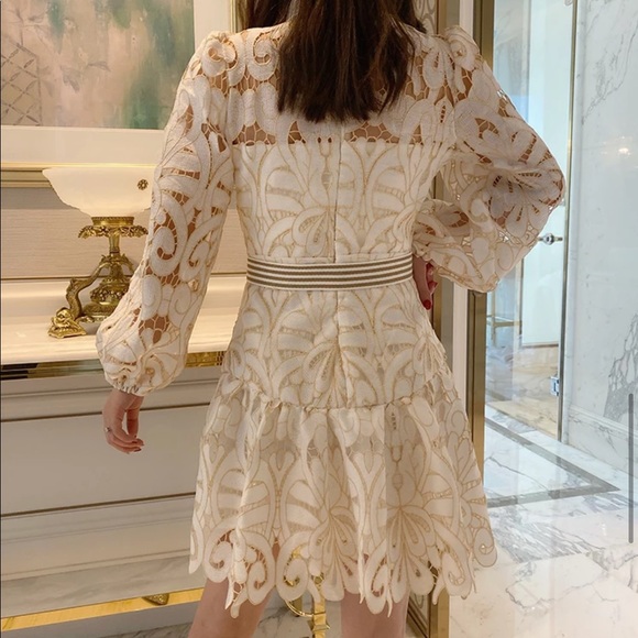 Apricot Lace Lantern Puff Sleeve Dress - Picture 3 of 10